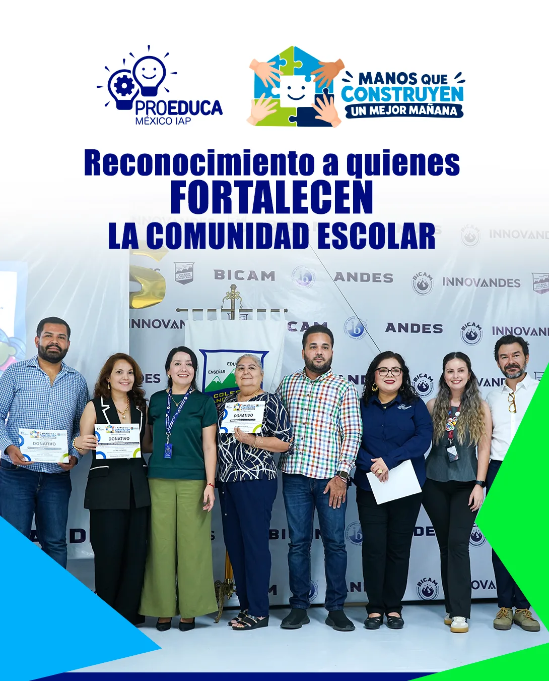 Cartel del reconocimiento "Manos que Construyen un Mejor Mañana" de PROEDUCA México con representantes de instituciones aliadas